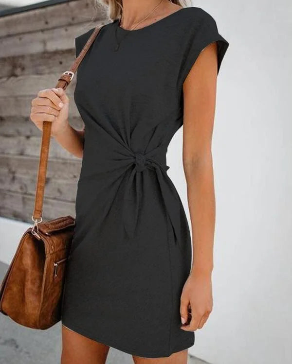 Black Women's Black Twist Detail Mini Dress — Aida Cap Sleeve Bodycon - Front Full