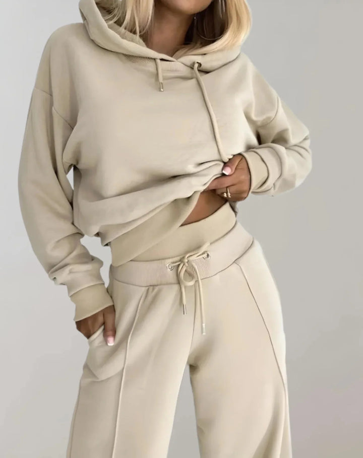 Beige Women's Two Piece Tracksuit — Rosie Cropped Hoodie Wide-Leg - Lifestyle Pose