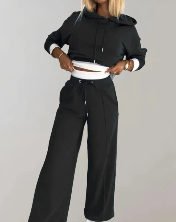 Black Women's Two Piece Tracksuit — Rosie Cropped Hoodie Wide-Leg - Front Full