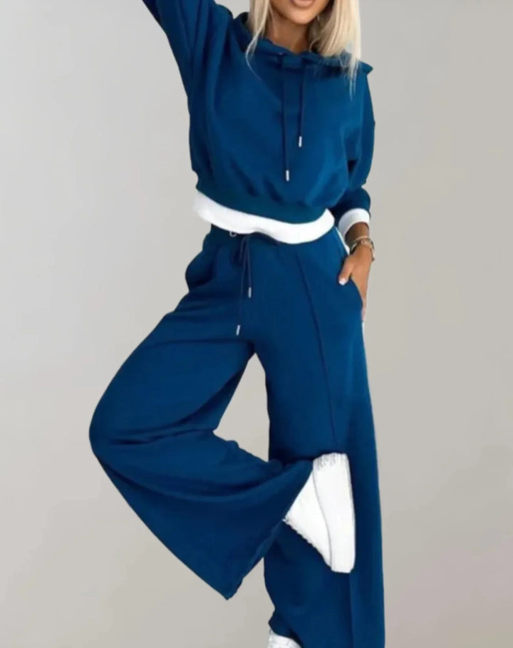 Blue Women's Two Piece Tracksuit — Rosie Cropped Hoodie Wide-Leg - Casual Pose