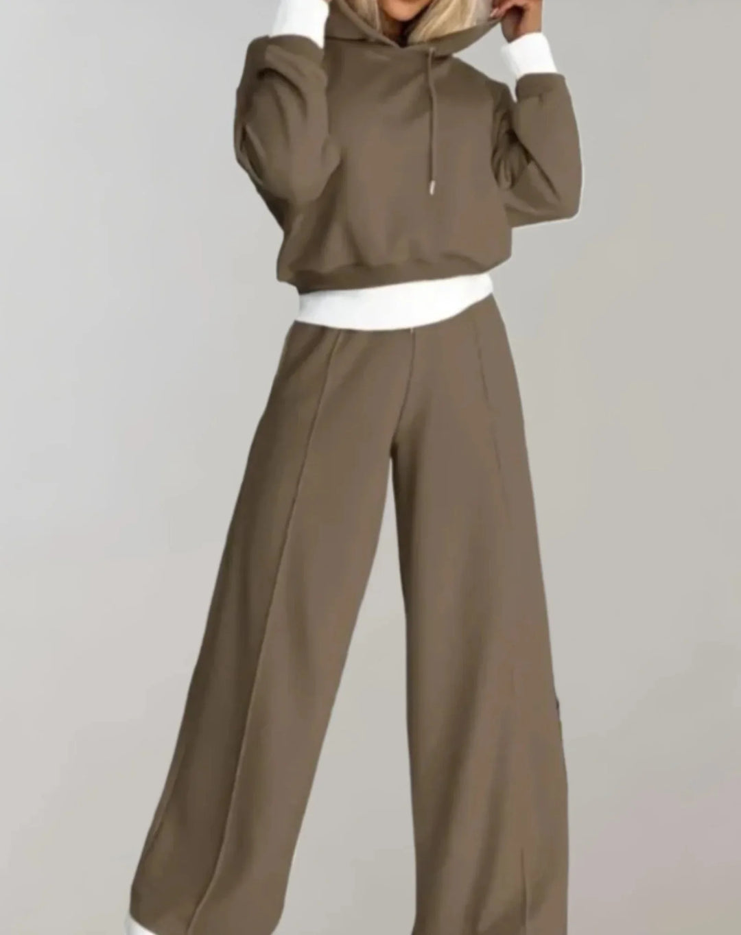 Brown Women's Two Piece Tracksuit — Rosie Cropped Hoodie Wide-Leg - Front Styled