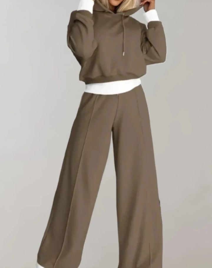 Brown Women's Two Piece Tracksuit — Rosie Cropped Hoodie Wide-Leg - Front Styled