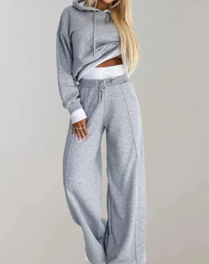 Gray Women's Two Piece Tracksuit — Rosie Cropped Hoodie Wide-Leg - Side Pose
