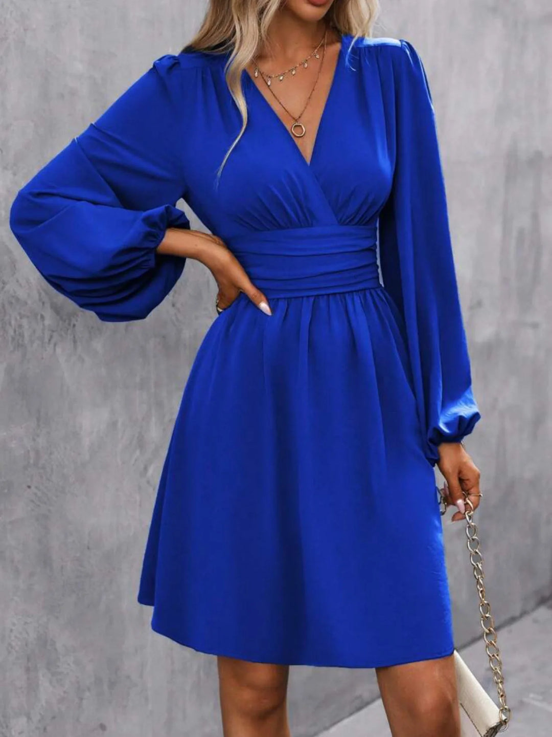 Imogen | Elegant V-Neck Balloon Sleeve Royal Blue Dress