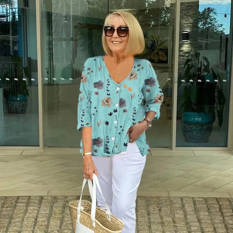 Blue Women's V-Neck Floral Blouse — Abbie Button-Front Three-Quarter Sleeve - Front Full