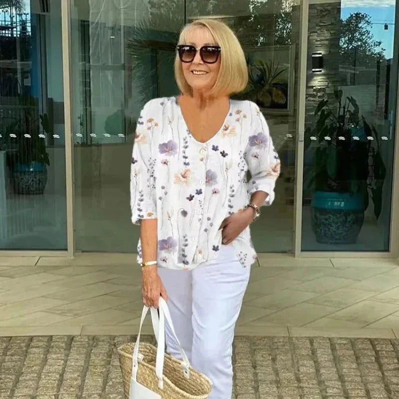 White Women's V-Neck Floral Blouse — Abbie Button-Front Three-Quarter Sleeve - Studio Pose