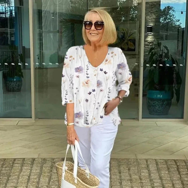 White Women's V-Neck Floral Blouse — Abbie Button-Front Three-Quarter Sleeve - Studio Pose