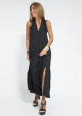 Women's Black V-Neck Draped Maxi Dress — Bea Effortless Sleeveless Side-Slit