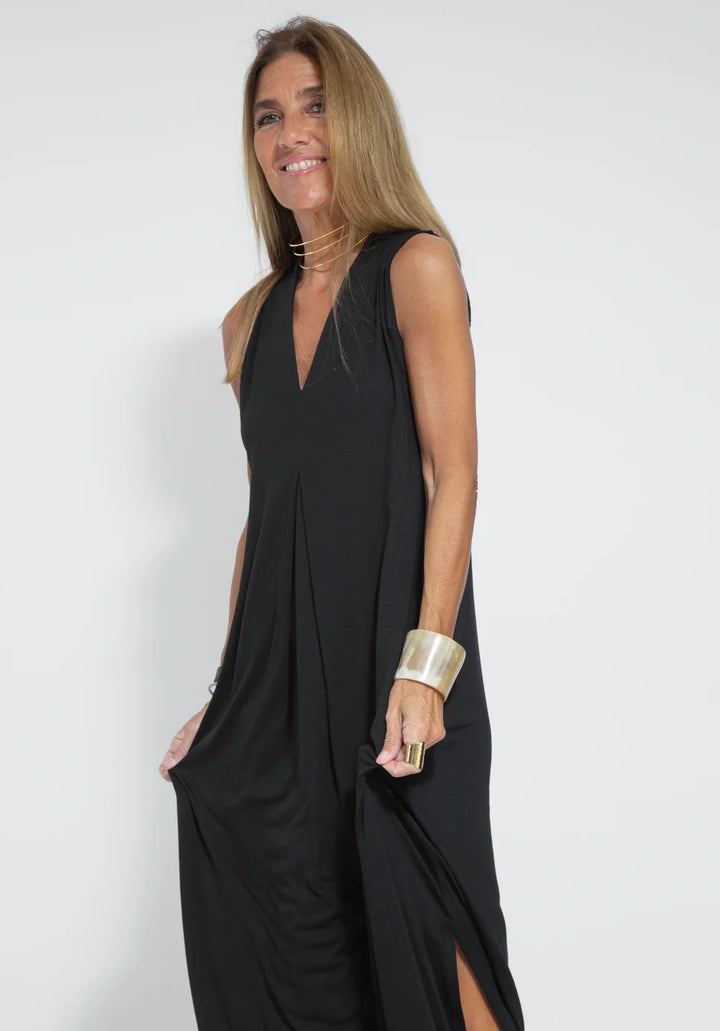 Black Women's Black V-Neck Draped Maxi Dress — Bea Effortless Sleeveless Side-Slit - Front Pose
