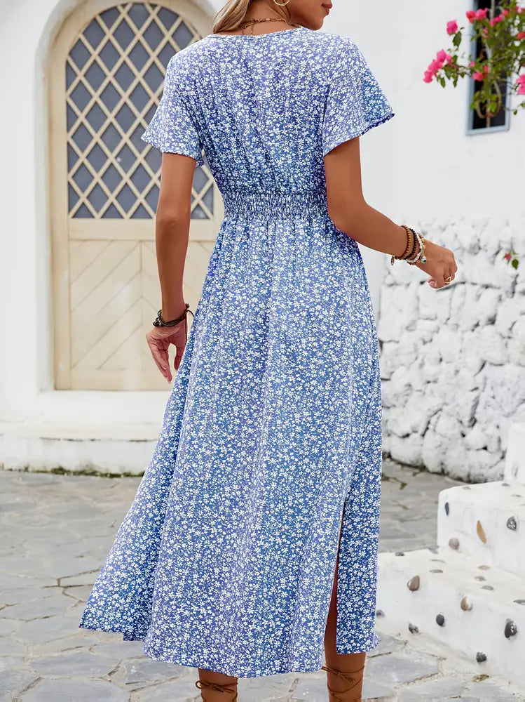 Blue Women's Floral V-Neck Dress — Hadley Smocked Waist Side Slit - Back Detail