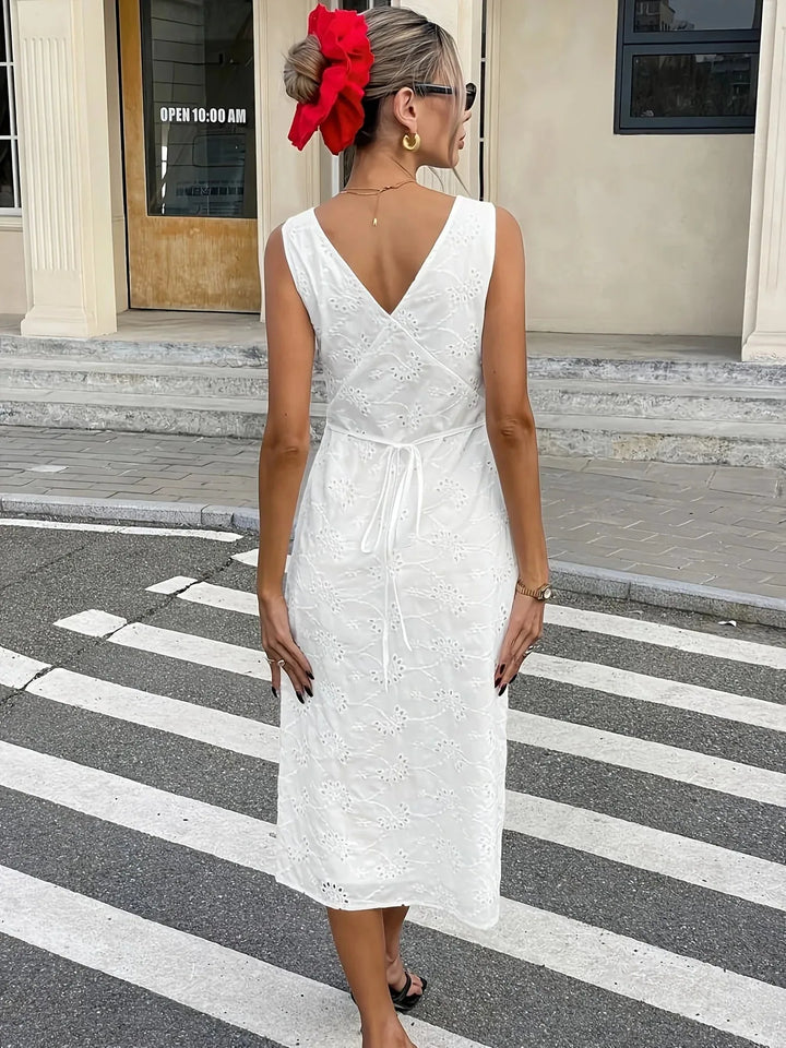 Rosalind | Elegant V-Neck Eyelet White Midi Dress