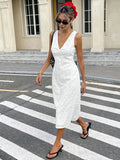 Rosalind | Elegant V-Neck Eyelet White Midi Dress