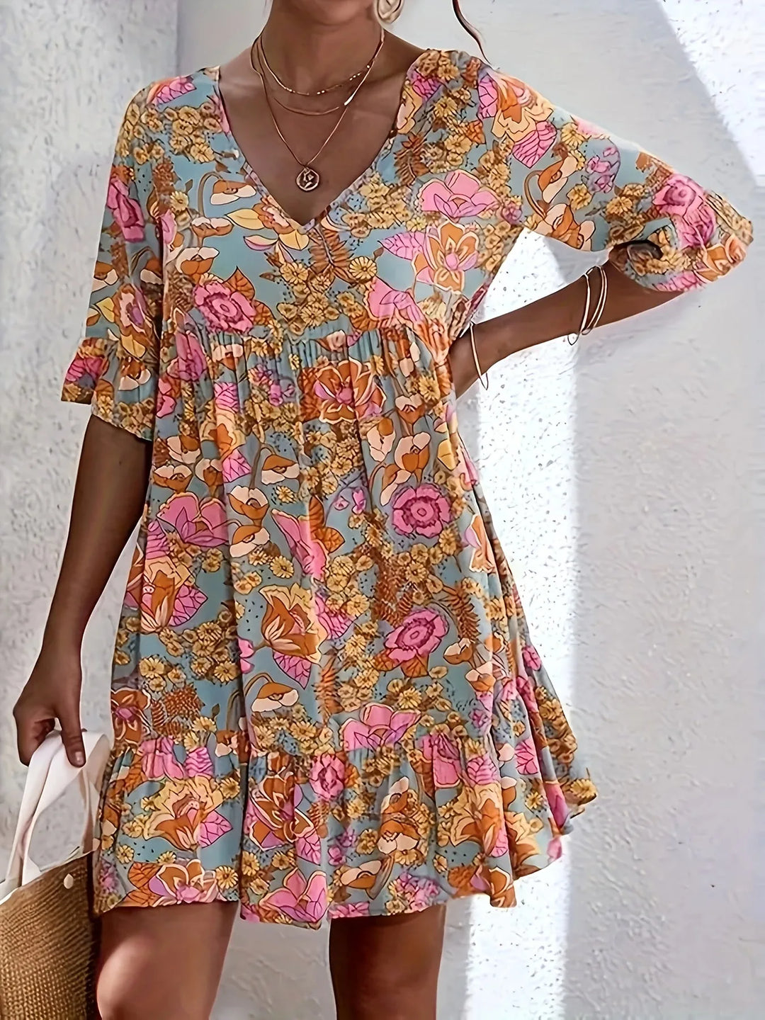 Celeste | V-Neck Floral Mini Dress with Flutter Sleeves