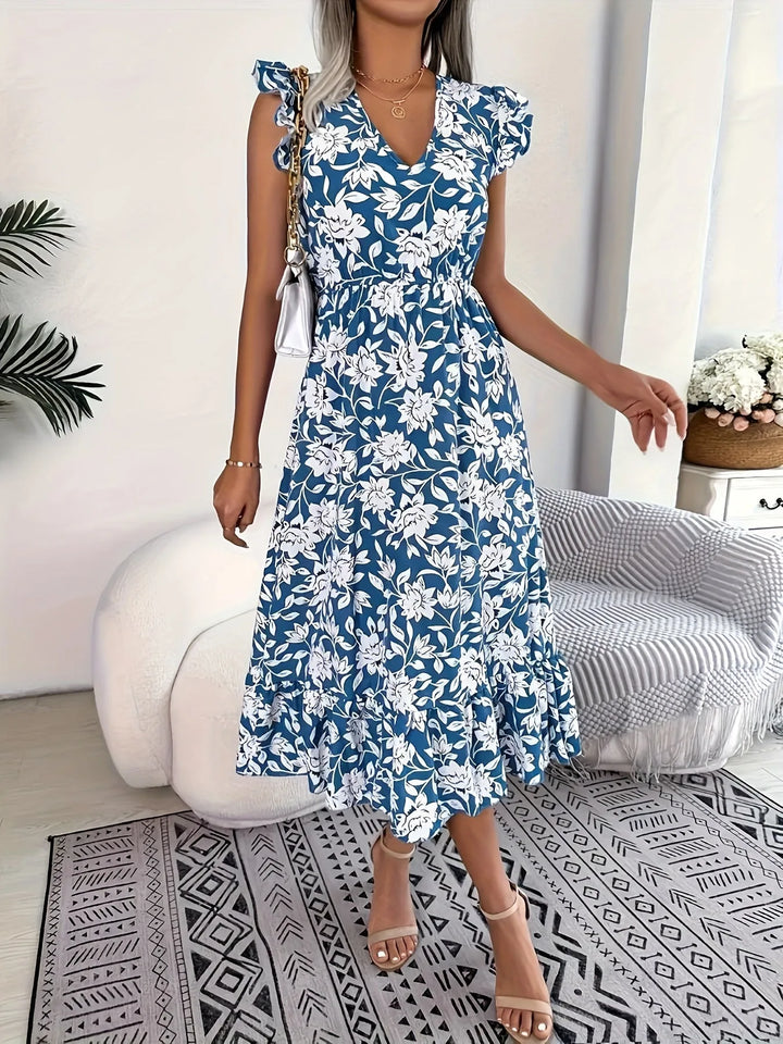 Sophia | Elegant Blue Floral Dress with V-Neck & Flutter Sleeves