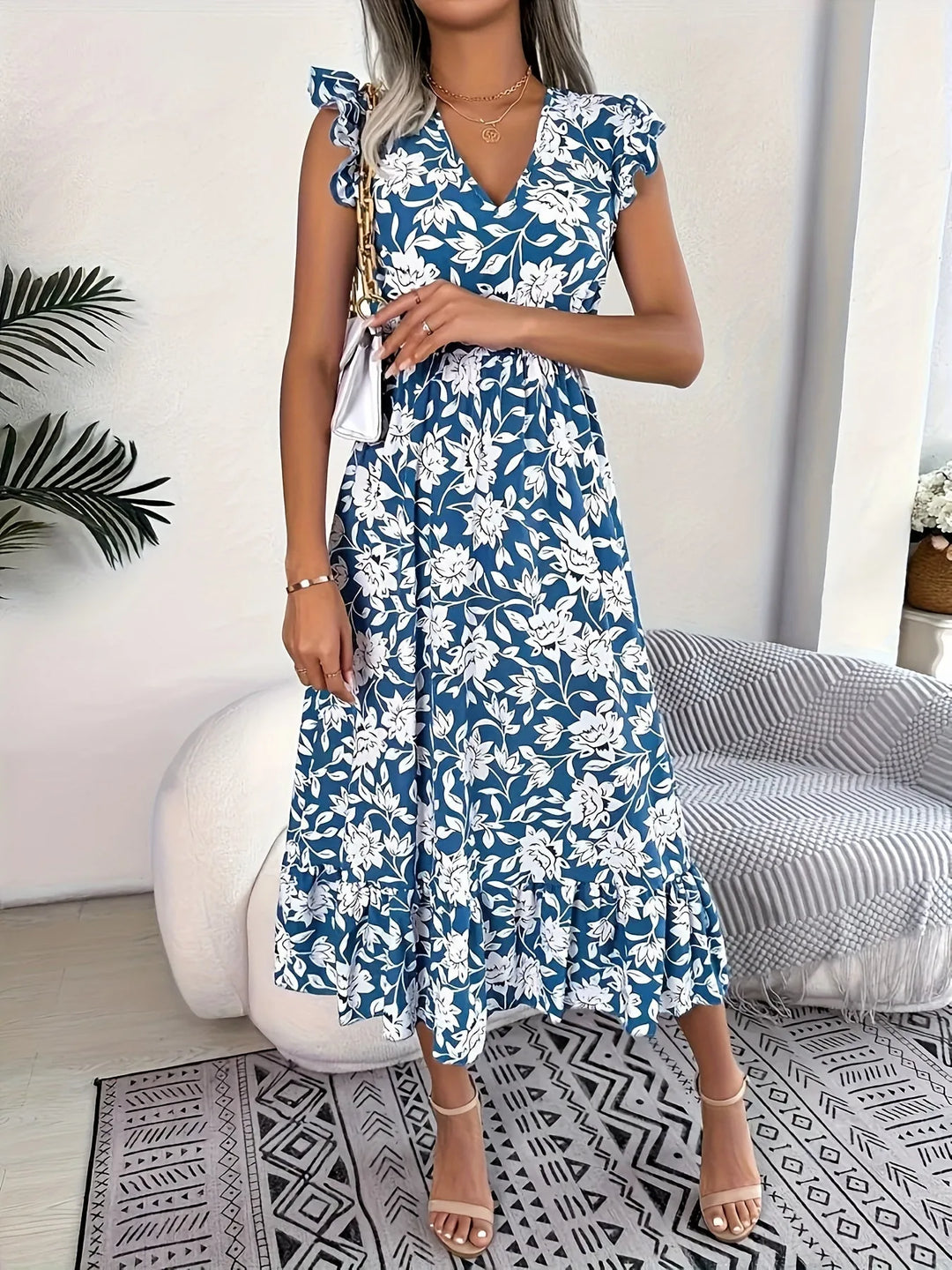 Sophia | Elegant Blue Floral Dress with V-Neck & Flutter Sleeves