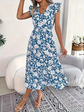 Sophia | Elegant Blue Floral Dress with V-Neck & Flutter Sleeves