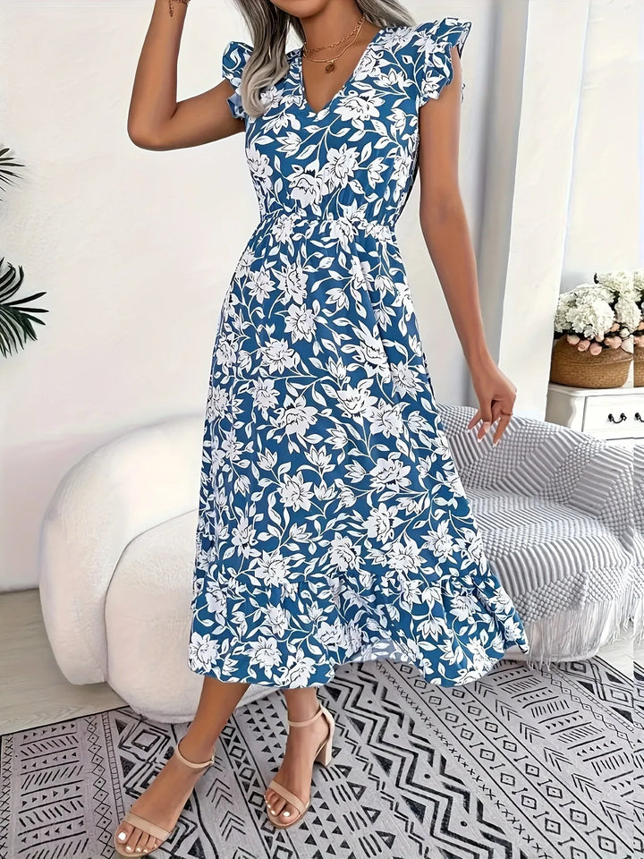 Sophia | Elegant Blue Floral Dress with V-Neck & Flutter Sleeves