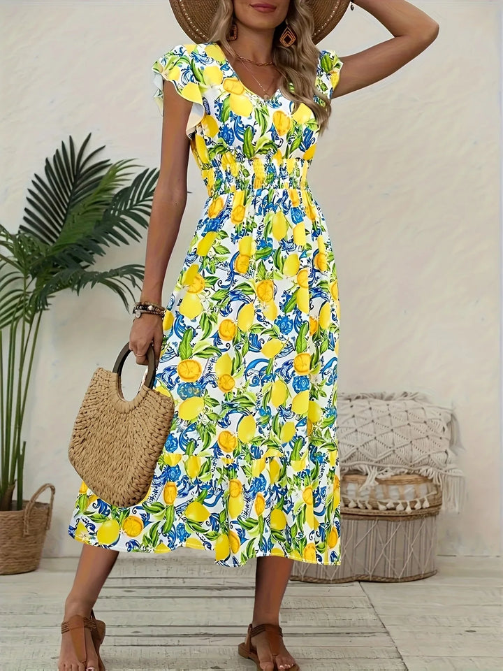 Hazel | V-Neck Flutter Sleeve Lemon Dress