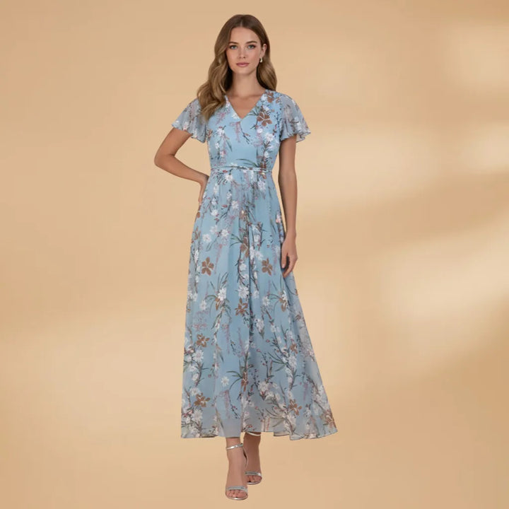 Talia | Elegant Floral V-Neck Maxi Dress with Flutter Sleeves