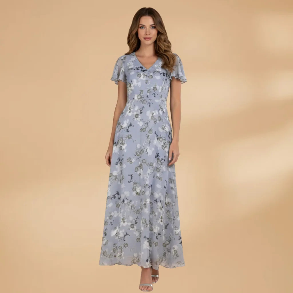 Talia | Elegant Floral V-Neck Maxi Dress with Flutter Sleeves