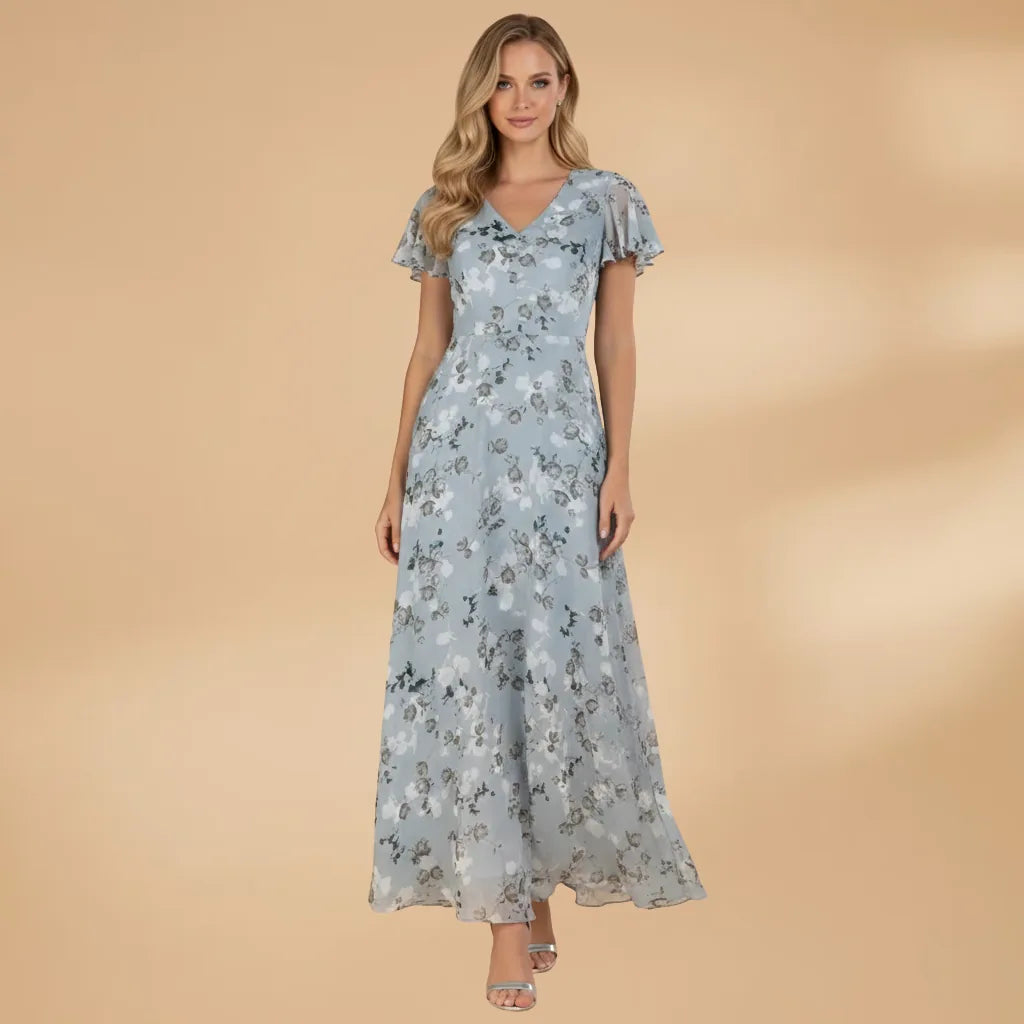 Talia | Elegant Floral V-Neck Maxi Dress with Flutter Sleeves