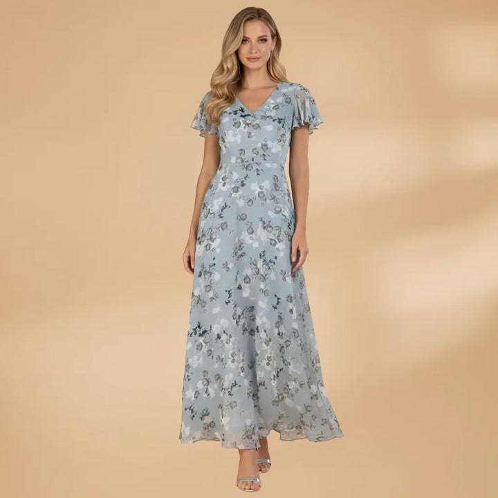Talia | Elegant Floral V-Neck Maxi Dress with Flutter Sleeves