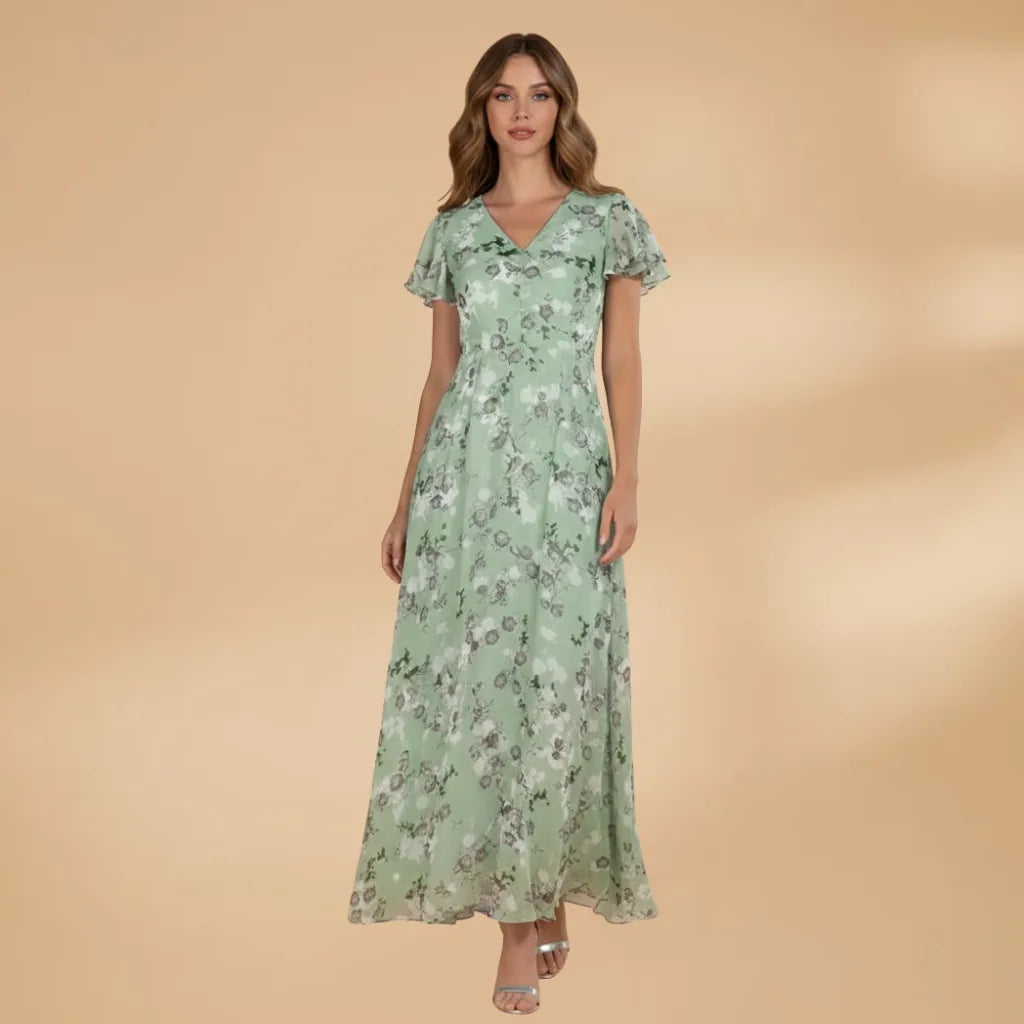 Talia | Elegant Floral V-Neck Maxi Dress with Flutter Sleeves
