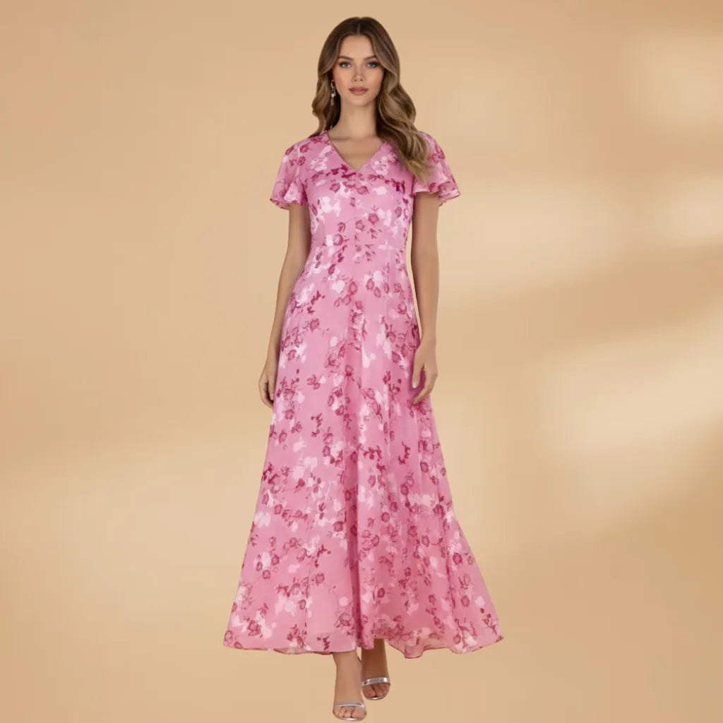 Talia | Elegant Floral V-Neck Maxi Dress with Flutter Sleeves