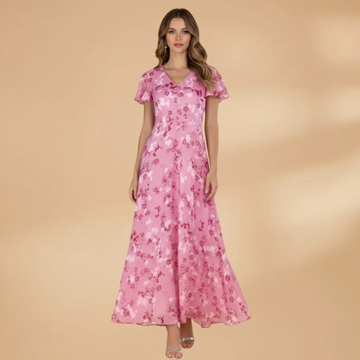 Talia | Elegant Floral V-Neck Maxi Dress with Flutter Sleeves