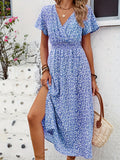 Penelope | V-Neck Short Sleeve Blue Dress with Thigh Slit