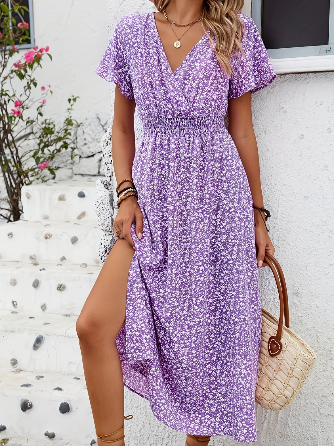 Penelope | V-Neck Short Sleeve Blue Dress with Thigh Slit