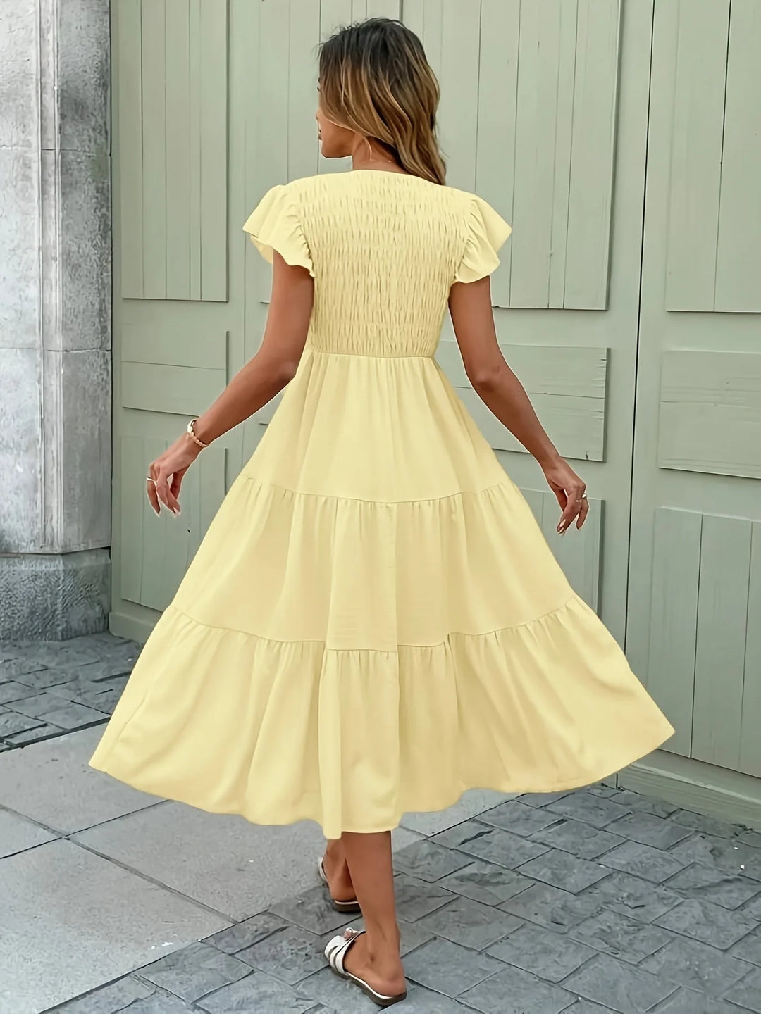 Lily | Elegant V-Neck Flutter Sleeve Tiered Midi Dress