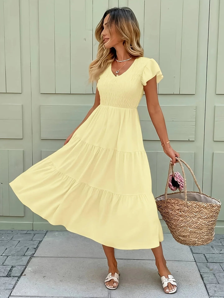Lily | Elegant V-Neck Flutter Sleeve Tiered Midi Dress