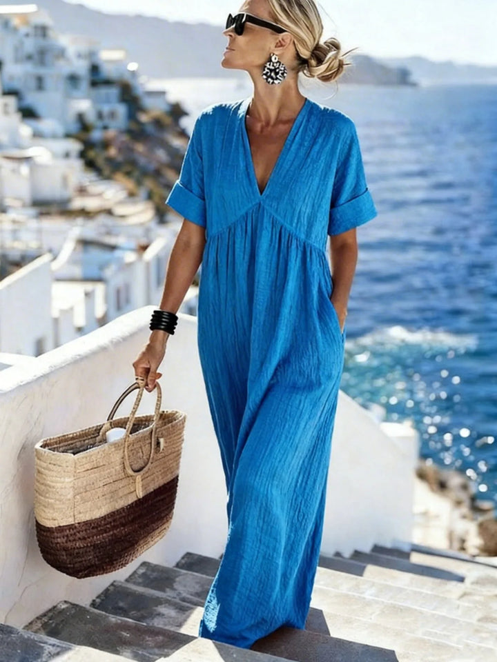 Diana | Elegant V-Neck Maxi Blue Dress with Short Sleeves