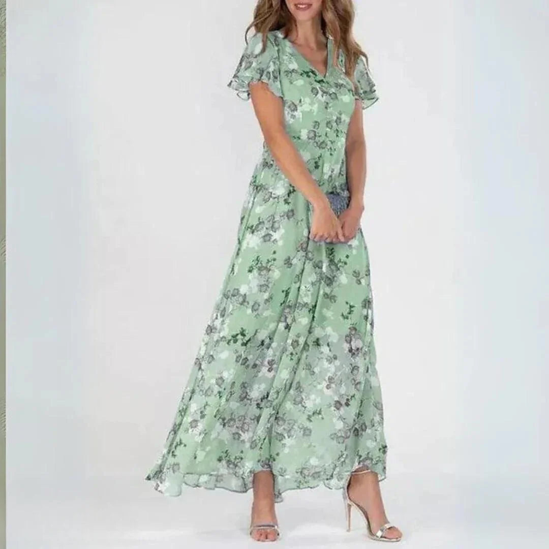 Green Women's Floral V-Neck Maxi Wedding Guest Dress — Faye Ruffle Sleeve - Model Walking