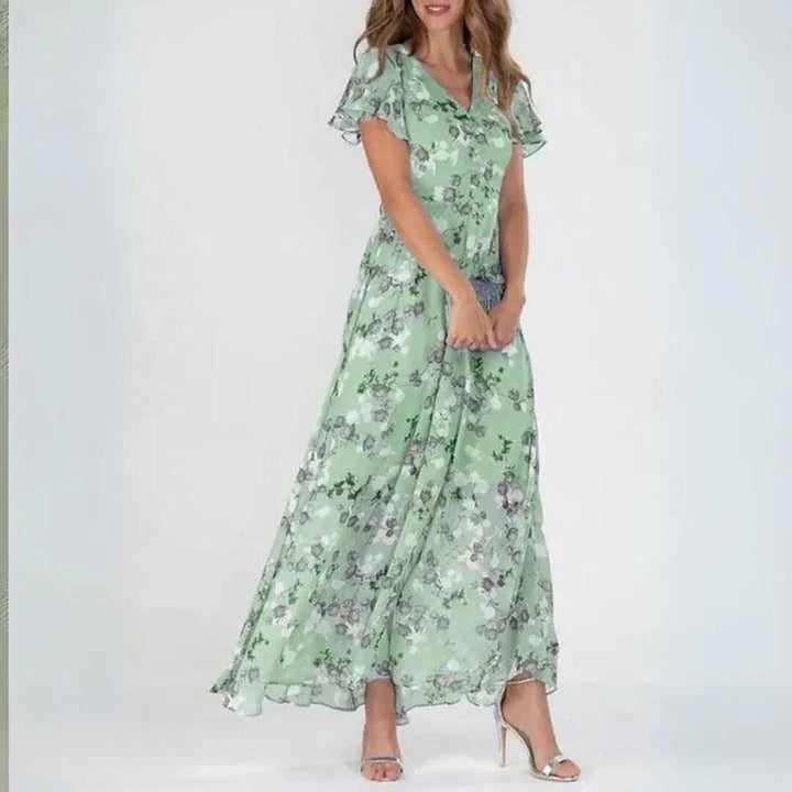 Green Women's Floral V-Neck Maxi Wedding Guest Dress — Faye Ruffle Sleeve - Model Walking