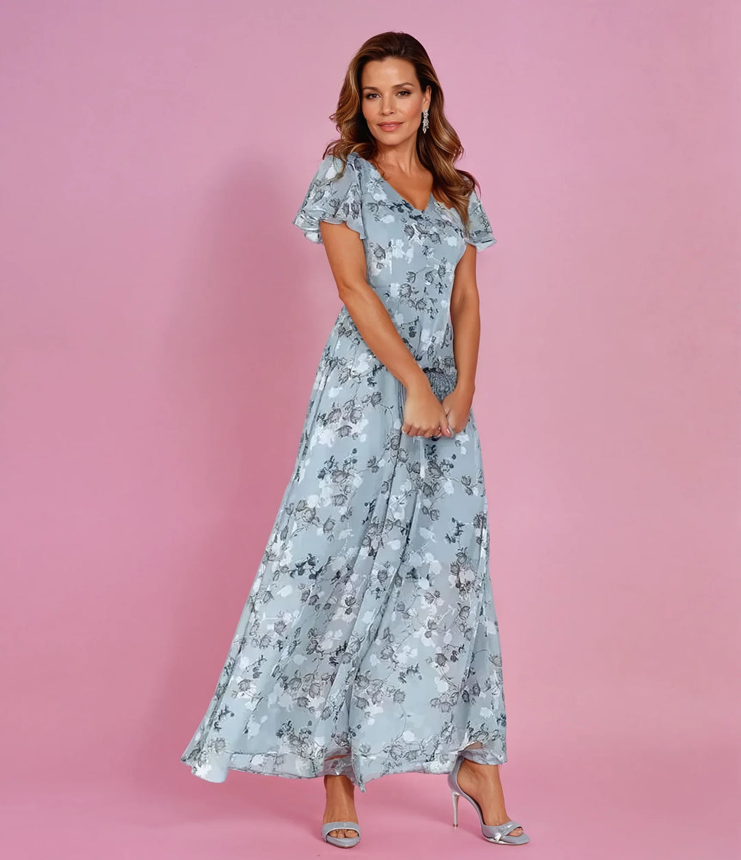 Light Blue Women's Floral V-Neck Maxi Wedding Guest Dress — Faye Ruffle Sleeve - Front Full