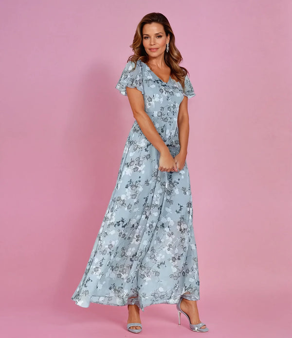 Women's Floral V-Neck Maxi Wedding Guest Dress — Faye Ruffle Sleeve
