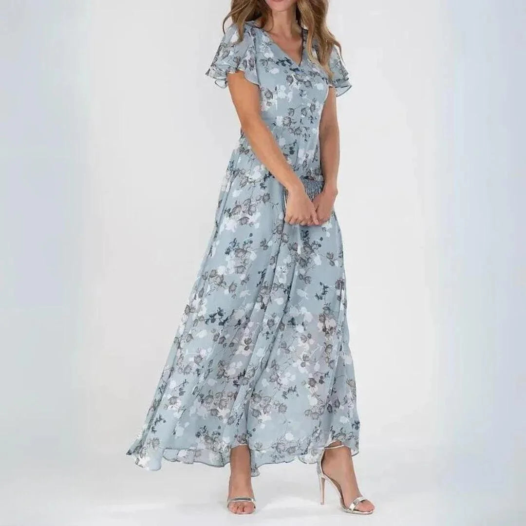 Light Blue Women's Floral V-Neck Maxi Wedding Guest Dress — Faye Ruffle Sleeve - Studio White