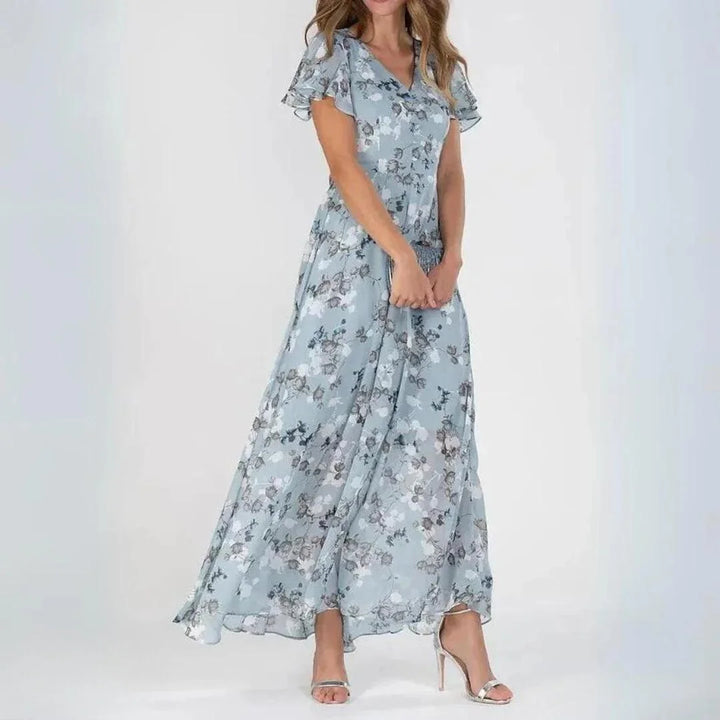 Light Blue Women's Floral V-Neck Maxi Wedding Guest Dress — Faye Ruffle Sleeve - Studio White