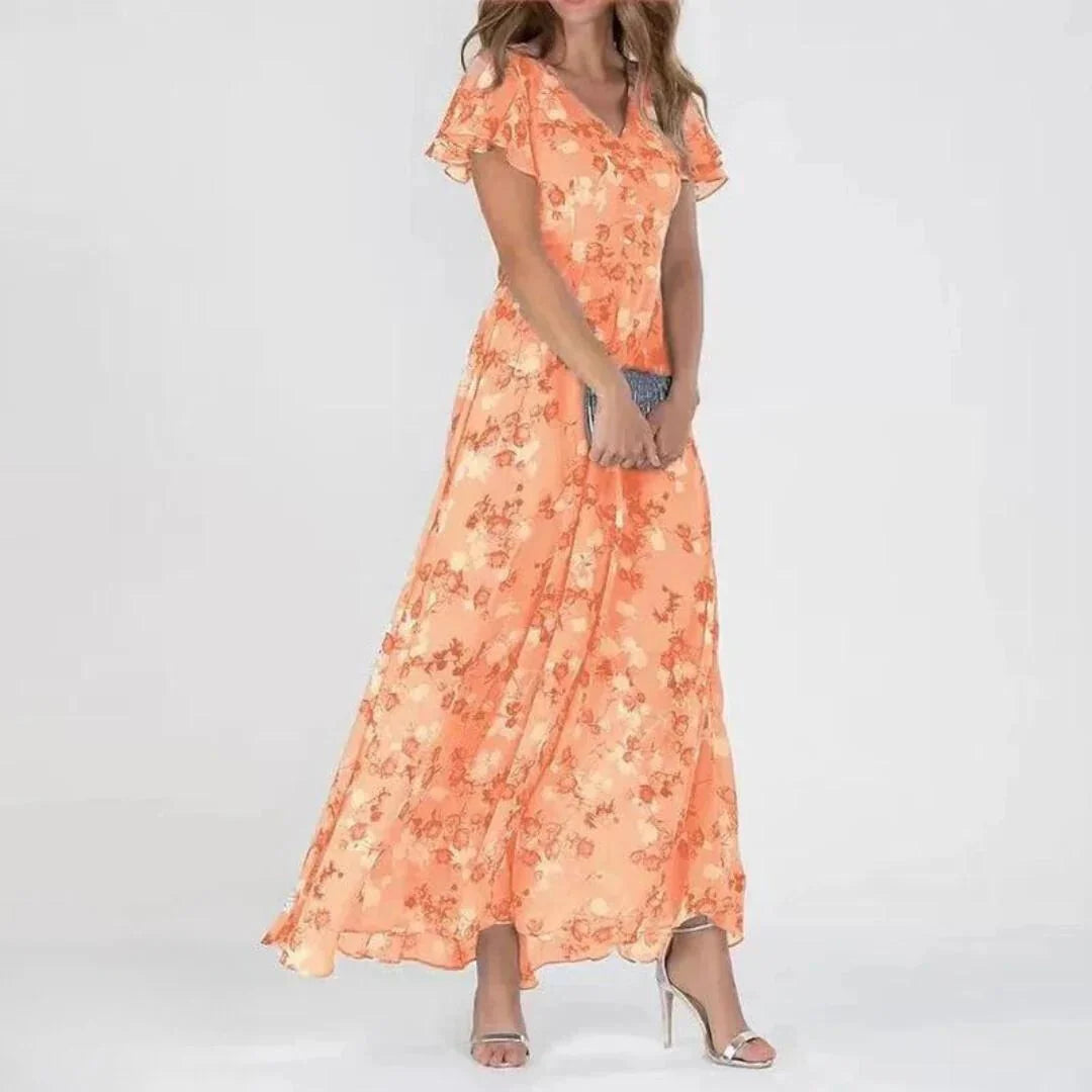 Orange Women's Floral V-Neck Maxi Wedding Guest Dress — Faye Ruffle Sleeve - Side Pose