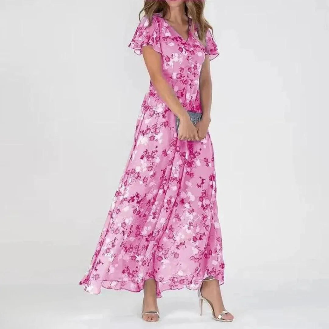 Pink Women's Floral V-Neck Maxi Wedding Guest Dress — Faye Ruffle Sleeve - Front Pose