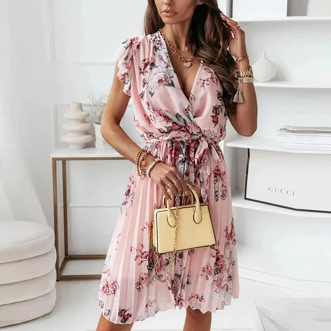 Pink Women's Floral V-Neck Midi Dress — Margot Flutter Sleeve Romantic - Front Pose