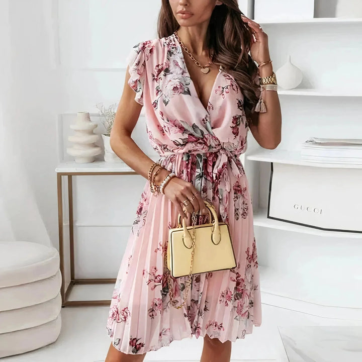 Pink Women's Floral V-Neck Midi Dress — Margot Flutter Sleeve Romantic - Front Pose