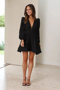 Women's Black Mini Dress — Violetta V-Neck Long Sleeve