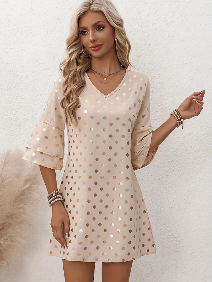 Grace | Elegant V-Neck Polka Dot Dress With Tiered Sleeves