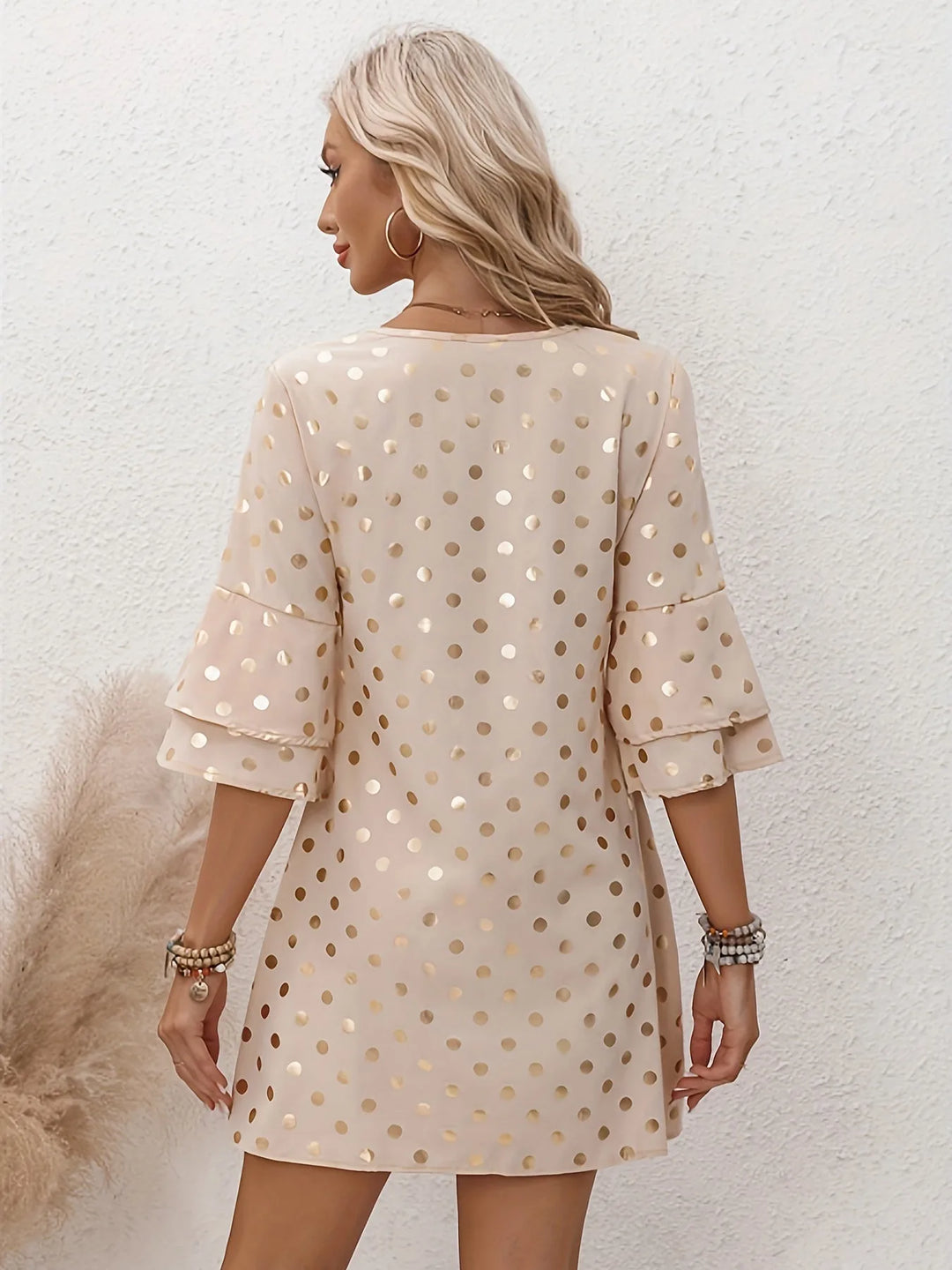 Grace | Elegant V-Neck Polka Dot Dress With Tiered Sleeves
