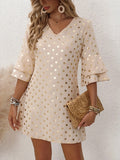 Grace | Elegant V-Neck Polka Dot Dress With Tiered Sleeves
