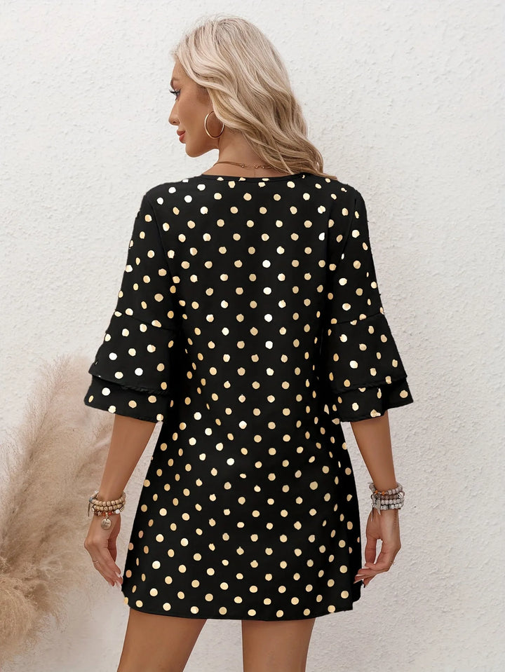Grace | Elegant V-Neck Polka Dot Dress With Tiered Sleeves