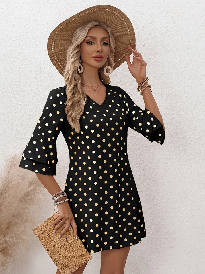Grace | Elegant V-Neck Polka Dot Dress With Tiered Sleeves
